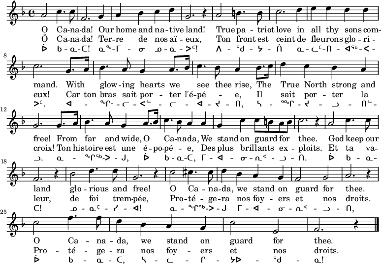 
\version "2.10.33"


{
  \new Staff
  {
    \time 4/4
    \key f \major
    \clef treble
  <<
    \relative c''
    {
      \set fontSize = #1 % Bigger noteheads
      a2 c4. c8 |
      f,2. g4 |
      a bes c d |
      g,2. r4 |
      
      a2 b4. b8 |
      c2. d4 |
      e e d d |
      c2. g8. a16 |
      
      bes4. a8 g4 a8. bes16 |
      c4. bes8 a4 bes8. c16 |
      d4 c bes a |
      g2. g8. a16 |
      
      bes4. a8 g4 a8. bes16 |
      c4. bes8 a4 a |
      g c c8 b a b |
      c2. r4 |
      
      a2 c4. c8 |
      f,2. r4 |
      bes2 d4. d8 |
      g,2. r4 |
      
      c2 cis4. cis8 |
      d4 bes a g | % English
      f2 g |
      a2. r4 | \break % Last line on its own for impact
      
      c2 f4. f8
      d4 bes a g |
      c2 e, |
      f2. r4 \bar "|."
    }
    \new Lyrics \lyricmode
    {
      O2 Ca4. -- na8 -- da!2.
      Our4 | home and na -- tive land!1 |
      True2 pa4. -- triot8 love2.
        in4 | all thy sons com -- mand.2.
      With4 | glow4. -- ing8 hearts4 we see4. thee8 rise,4
      The | True North strong and free!2.
      From4 | far4. and8 wide,4 O Ca4. -- na8 -- da,4
      We | stand on guard for4 thee.1 |
      God2 keep4. our8 land1 | glo2 -- rious4. and8 free!1 |
      O2 Ca4. -- na8 -- da,4 we stand on guard2 for thee.1 |
      O2 Ca4. -- na8 -- da,4 we stand on guard2 for thee.1 |
    }
    \new Lyrics \lyricmode
    {
      Ô2 Ca4. -- na8 -- da!2.
      Ter4 -- | re de nos aï -- eux,1 |
      Ton2 front4. est8 ceint2.
        de4 | fleu -- rons glo -- ri -- eux!2.
      Car8. ton16 | bras4. sait8 por4 -- ter8. l'é16 -- pé2 -- e,4
      Il sait por -- ter la croix!2.
      Ton8. his16 -- | toire4. est8 une4 é8. -- po16 -- pé2 -- e,4
      Des | plus bril -- lants ex -- ploits.1 |
      Et2 ta4. va8 -- leur,1 | de2 foi4. trem8 -- pée,1 |
      Pro2 -- té4. -- ge8 -- ra4 nos foy -- ers et2 nos droits.1 |
      Pro2 -- té4. -- ge8 -- ra4 nos foy -- ers et2 nos droits.1 |
    }
    \new Lyrics \lyricmode
    {
%      '''% An Inuktitut speaker should correct this'''
%     Uu2 Ka4. -- na8 -- ta!2.
%     Nang4 -- | mi -- ni nu -- na -- vut!1 |
%     Pi2 -- qu4. -- ja8 -- tii2.
%       na4 -- | lat -- ti -- aq -- pa -- vut.2.
%     A4 -- | ngig4. -- li8 -- val4 -- li -- a4. -- ju8 -- ti,4
%     Sa -- nngi -- ju -- lu -- til -- lu.2.
%     Na4 -- | ngiq4. -- pu8 -- gu,4 Uu Ka4. -- na8 -- ta,4
%     Mi -- a -- ni -- rip -- lu -- ti.1 |
%     Uu2 Ka4. -- na8 -- ta!1 | Nu2 -- nat4. -- si8 -- a!1 |
%     Na2 -- ngiq4. -- pu8 -- gu4 mi -- a -- ni -- rip2 -- lu -- ti,1 |
%     Uu2 Ka4. -- na8 -- ta,4 sa -- la -- gi -- jau2 -- qu -- na!1 |
      ᐆ2 ᑲ4. -- ᓇ8 -- ᑕ!2.
      ᓇᖕ4 -- | ᒥ -- ᓂ ᓄ -- ᓇ -- ᕗᑦ!1
      ᐱ2 -- ᖁ4. -- ᔭ8 -- ᑏ2.
        ᓇ4 -- | ᓚᑦ -- ᑎ -- ᐊᖅ -- ᐸ -- ᕗᑦ.2.
      ᐊ4 -- | ᖏᒡ4. -- ᓕ8 -- ᕙᓪ4 -- ᓕ -- ᐊ4. -- ᔪ8 -- ᑎ,4
      ᓴ -- ᙱ -- ᔪ -- ᓗ -- ᑎᓪ -- ᓗ.2.
      ᓇ4 -- | ᖏᖅ4. -- ᐳ8 -- ᒍ,4 ᐆ ᑲ4. -- ᓇ8 -- ᑕ,4
      ᒥ -- ᐊ -- ᓂ -- ᕆᑉ -- ᓗ -- ᑎ.1 |
      ᐆ2 ᑲ4. -- ᓇ8 -- ᑕ!1 | ᓄ2 -- ᓇᑦ4. -- ᓯ8 -- ᐊ!1 |
      ᓇ2 -- ᖏᖅ4. -- ᐳ8 -- ᒍ4 ᒥ -- ᐊ -- ᓂ -- ᕆᑉ2 -- ᓗ -- ᑎ,1 |
      ᐆ2 ᑲ4. -- ᓇ8 -- ᑕ,4 ᓴ -- ᓚ -- ᒋ -- ᔭᐅ2 -- ᖁ -- ᓇ!1 |
    }
  >>
  }
}
