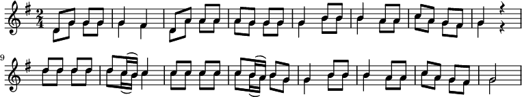 
\version "2.8.7"
<<
  \chords {
  }
  \new Staff <<
    \new Voice = "oberstimme" {
      \voiceOne
      \relative c' { 
        \key g \major \time 2/4 
        d8 g g g       g4 fis      d8 a' a a        a g g g
        g4 b8 b        b4 a8 a     c a g fis        g4 r       d'8 d d d 
        d c16 (b) c4   c8 c c c    c b16 (a) b8 g   g4 b8 b
        b4 a8 a        c a g fis   g2
      }
    }
    \new Voice = "unterstimme" {
      \voiceTwo
      \relative c' { 
        d8 g g g       g4 fis      d8 a' a a        a g g g
        g4 b8 b        b4 a8 a     c a g fis        g4 r       d'8 d d d 
        d c16 (b) c4   c8 c c c    c b16 (a) b8 g   g4 b8 b
        b4 a8 a        c a g fis   g2
      }
    }
  >>
  \addlyrics { 
    Als ich ein -- mal reis -- te 
    in das Sach -- sen -- wei -- mar -- land,
    da war ich der Reich -- ste,
    das ist der Welt be -- kannt.
    Rum -- mel, dum -- mel hop -- sas -- sa,
    rum -- mel, dum -- mel hop -- sas -- sa!
    Da war ich der Reich -- ste,
    das ist der Welt be -- kannt.
  }
>>

